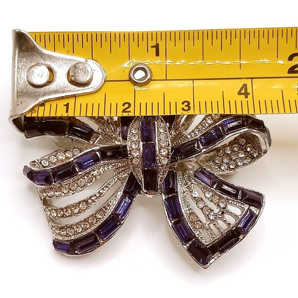 Vintage Bow Ribbon Brooch Silver-Tone Metal Blue Enamel Shiny Rhinestones Pin - Picture 10 of 11
